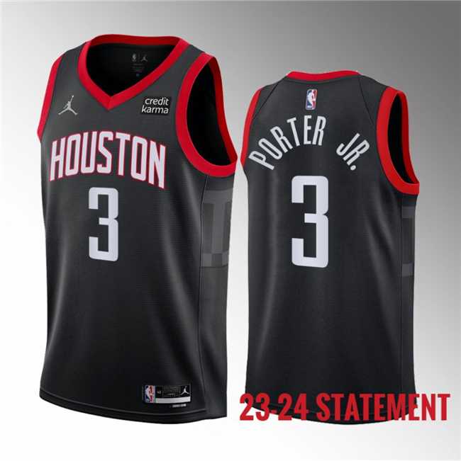 Men's Houston Rockets #3 Kevin Porter Jr. Black 2023 Statement Edition Stitched Basketball Jersey Dzhi